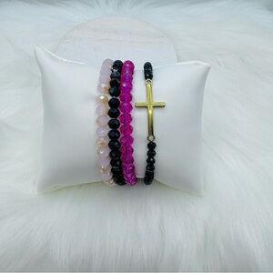 Stainless Steel Cross beaded Arm Candy  Bracelet - Black Pink theme